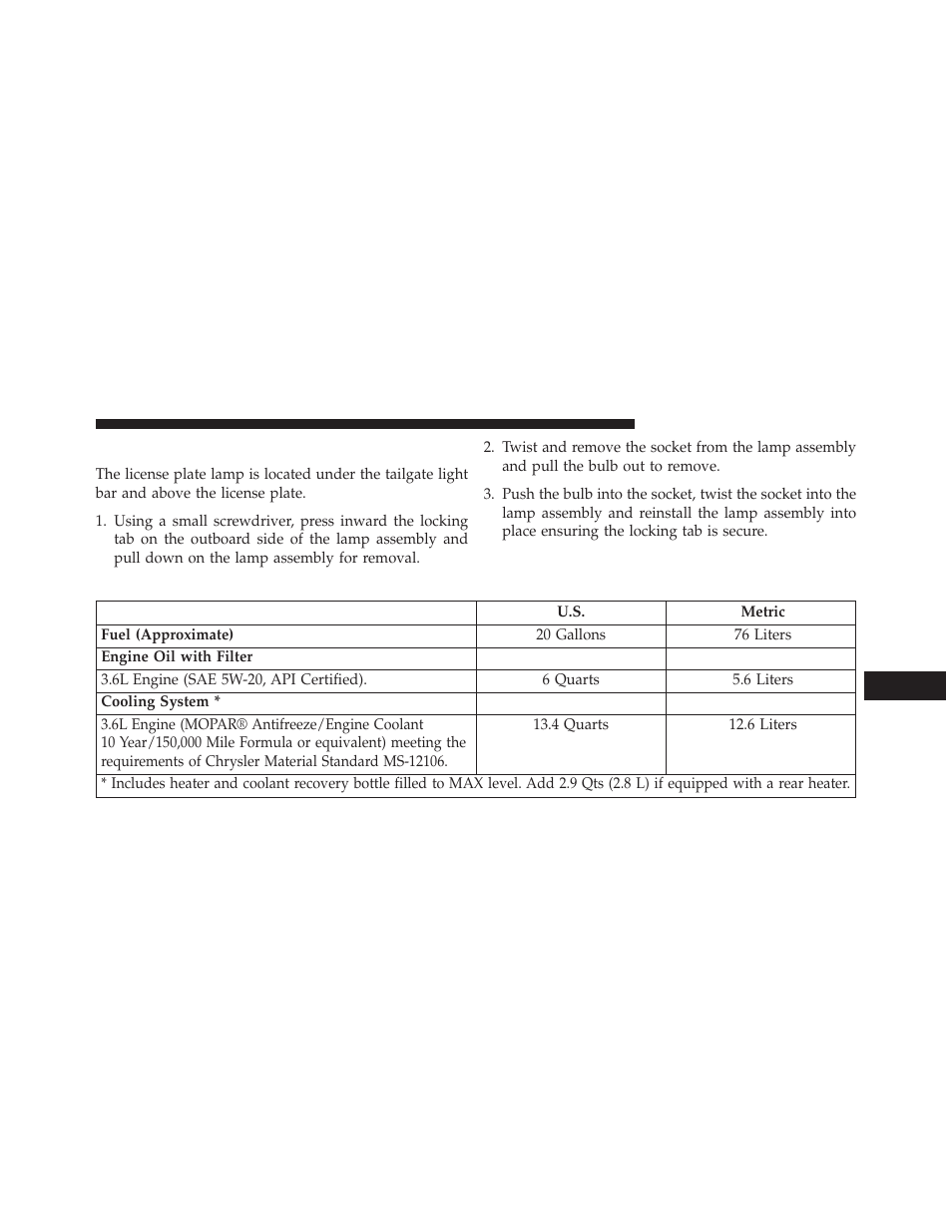 License lamp, Fluid capacities | Ram Trucks 2014 Cargo Van Commercial - Owner Manual User Manual | Page 625 / 668