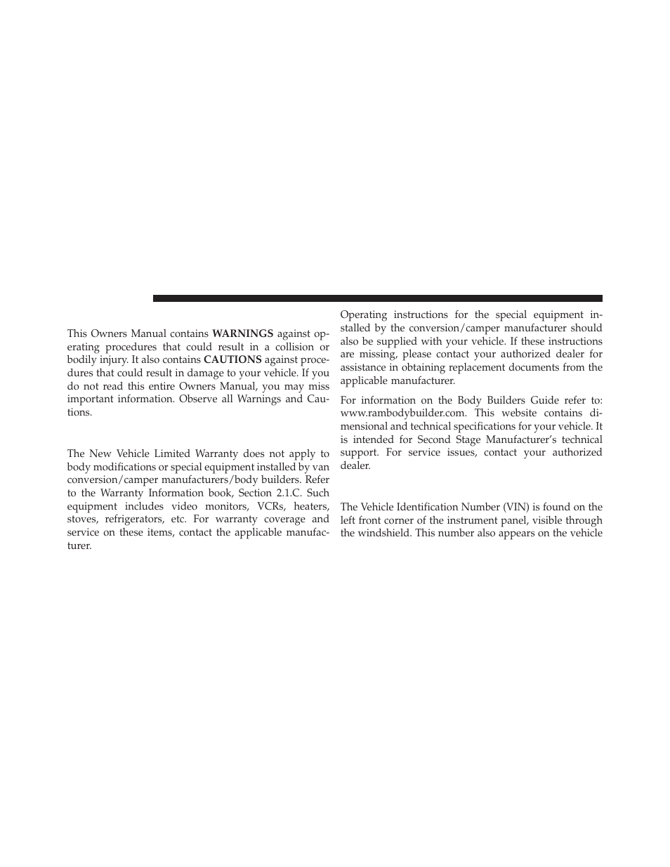 Warnings and cautions, Van conversions/campers, Vehicle identification number | Ram Trucks 2014 Cargo Van Commercial - Owner Manual User Manual | Page 8 / 668