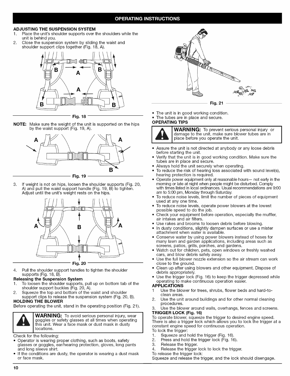 Adjusting the suspension system, Fig. 18, Holding the blower | Applications, Trigger lock (fig. 16), Warning | Craftsman 316.794800 User Manual | Page 10 / 36
