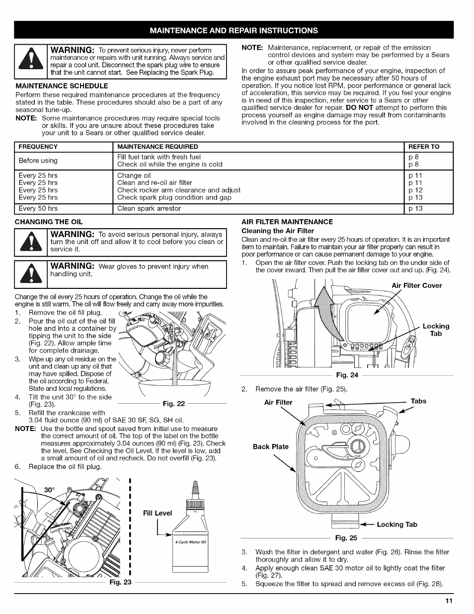 Maintenance schedule, Air filter maintenance cleaning the air fiiter | Craftsman 316.794800 User Manual | Page 11 / 36