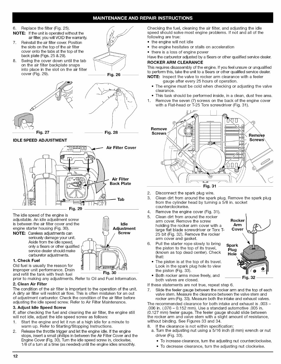 Check fuel, Clean air filter, Adjust idle speed screw | Craftsman 316.794800 User Manual | Page 12 / 36