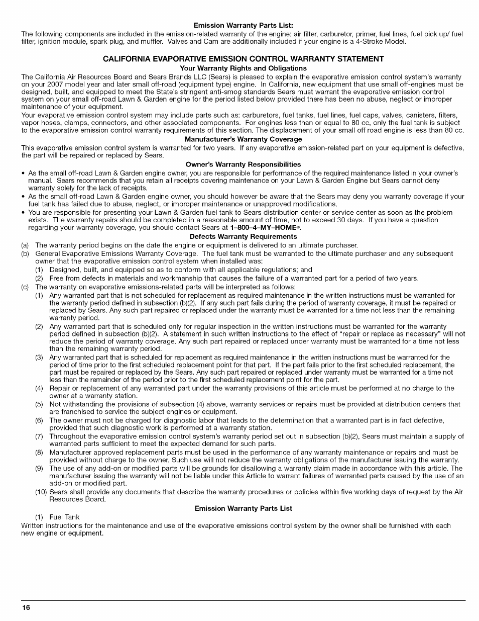 Emission warranty parts list | Craftsman 316.794800 User Manual | Page 16 / 36