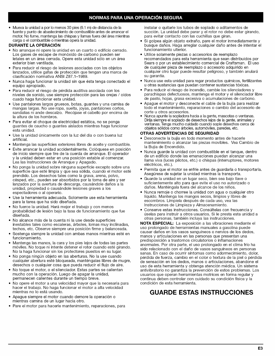 Durante la operación, Otras advertencias de seguridad, Guarde estas instrucciones | Craftsman 316.794800 User Manual | Page 19 / 36