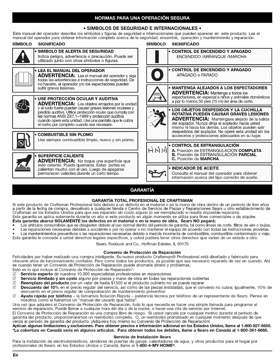 Simbolo significado, Simbolo de alerta de seguridad, Lea el manual del operador | Use proteccion ocular y auditiva, Combustible sin plomo, Garantía total profesional de craftsman, Servicio de instalación sears, H n la | Craftsman 316.794800 User Manual | Page 20 / 36