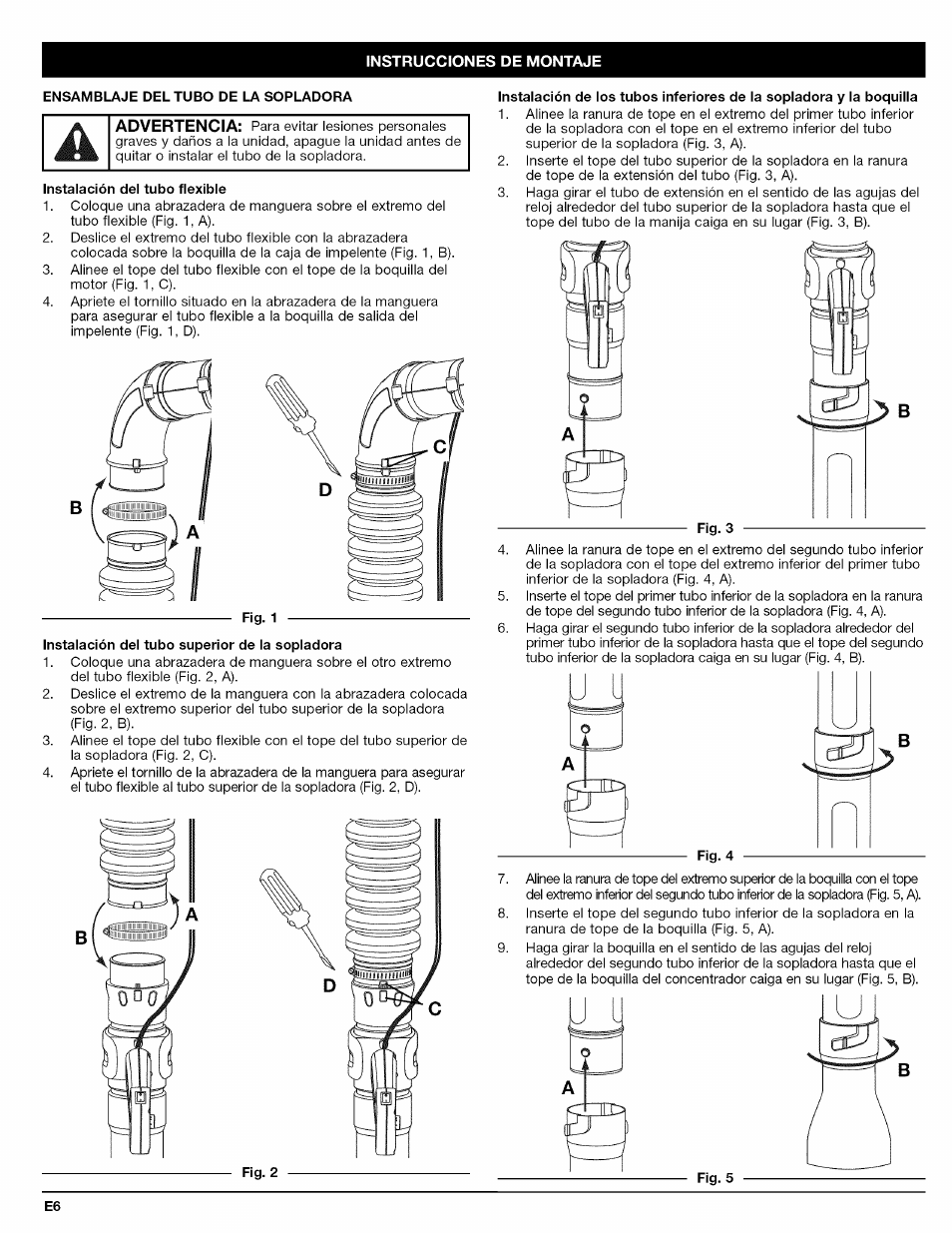 Ensamblaje del tubo de la sopladora, Instalación del tubo flexible | Craftsman 316.794800 User Manual | Page 22 / 36