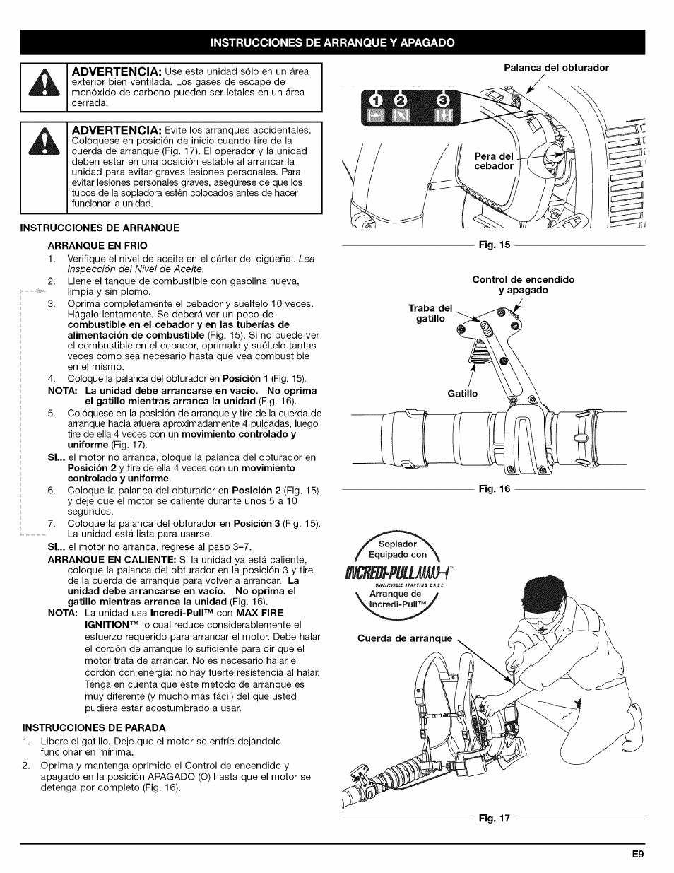 Instrucciones de arranque arranque en frio, Instrucciones de parada | Craftsman 316.794800 User Manual | Page 25 / 36