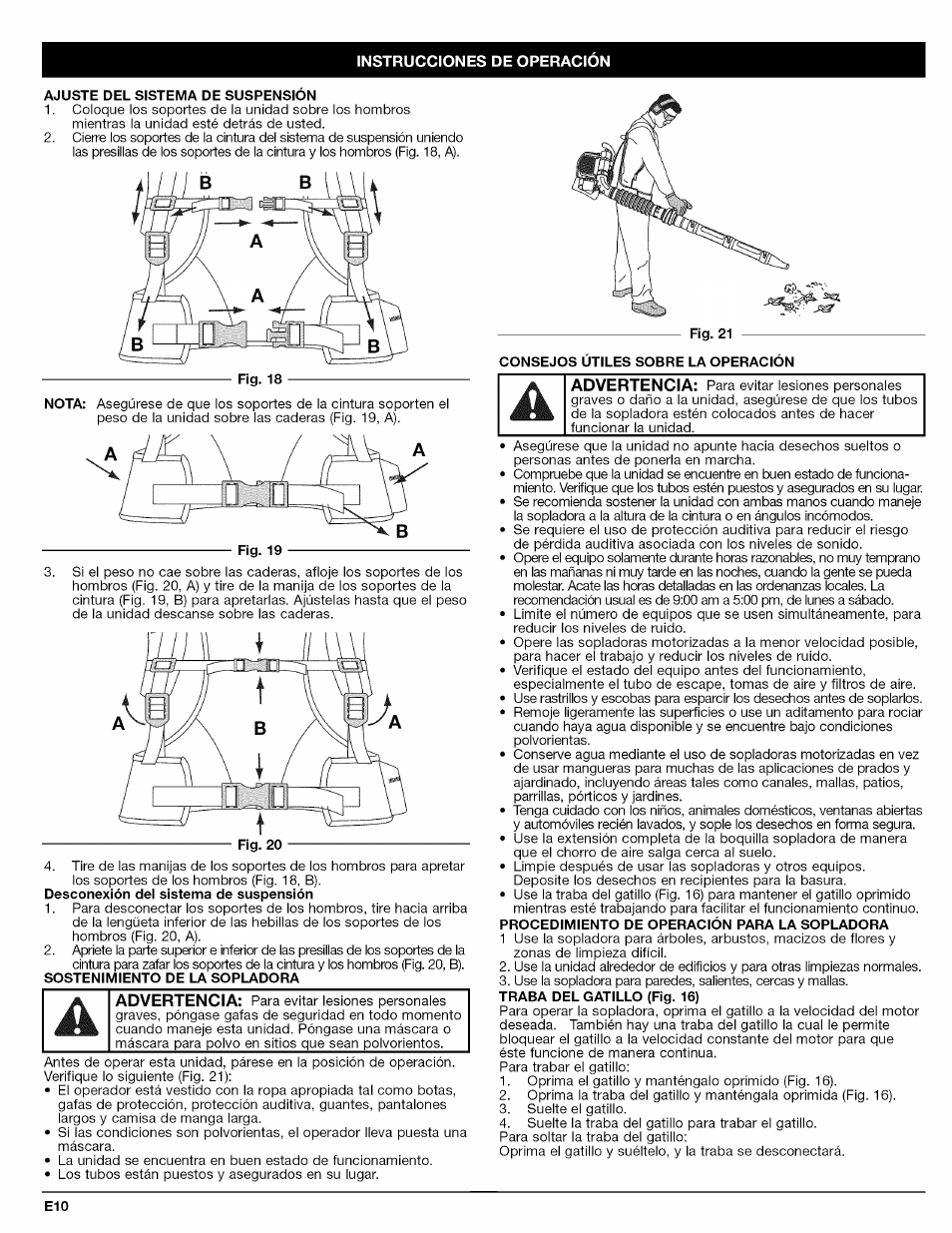 Ajuste del sistema de suspension, Sostenimiento de la sopladora, Traba del gatillo (fig. 16) | Craftsman 316.794800 User Manual | Page 26 / 36