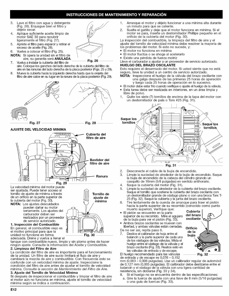 Limpieza del filtro de aire, Ajuste del tornillo de velocidad mínima | Craftsman 316.794800 User Manual | Page 28 / 36