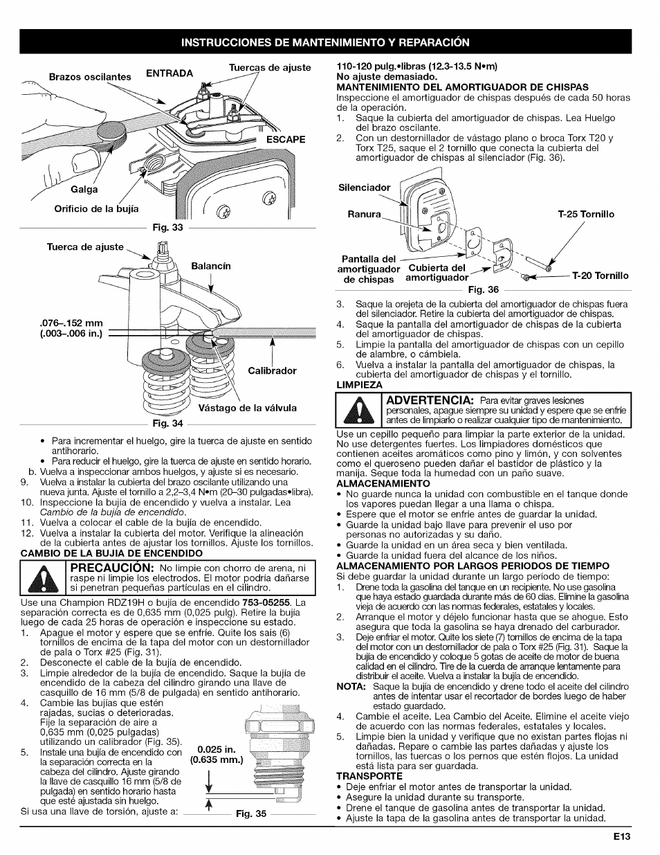 025 in. (0.635 mm, 120 pulg.'libras (12.3-13.5 n»m), Mantenimiento del amortiguador de chispas | Limpieza, Transporte | Craftsman 316.794800 User Manual | Page 29 / 36