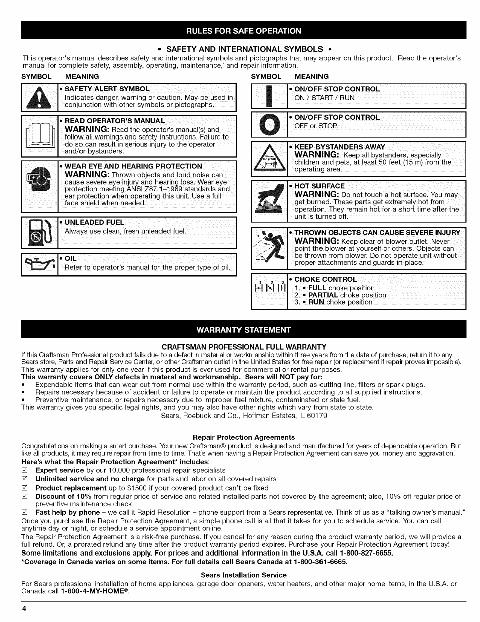 Symbol meaning, Safety alert symbol, Read operator's manual | Wear eye and hearing protection, Unleaded fuel, Craftsman professional full warranty, Repair protection agreements, Sears installation service | Craftsman 316.794800 User Manual | Page 4 / 36