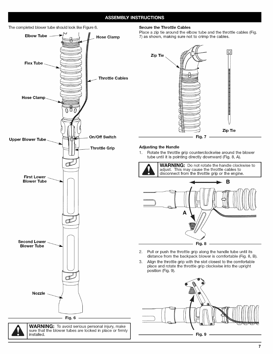 Secure the throttle cables, Zip tie, Adjusting the handle | Craftsman 316.794800 User Manual | Page 7 / 36