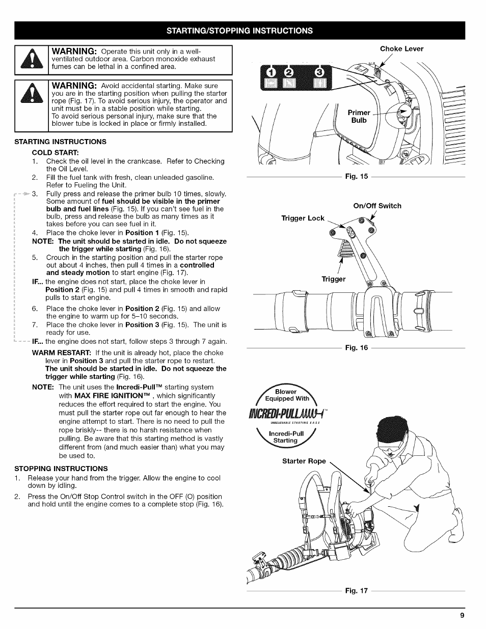 Starting instructions cold start, Stopping instructions | Craftsman 316.794800 User Manual | Page 9 / 36