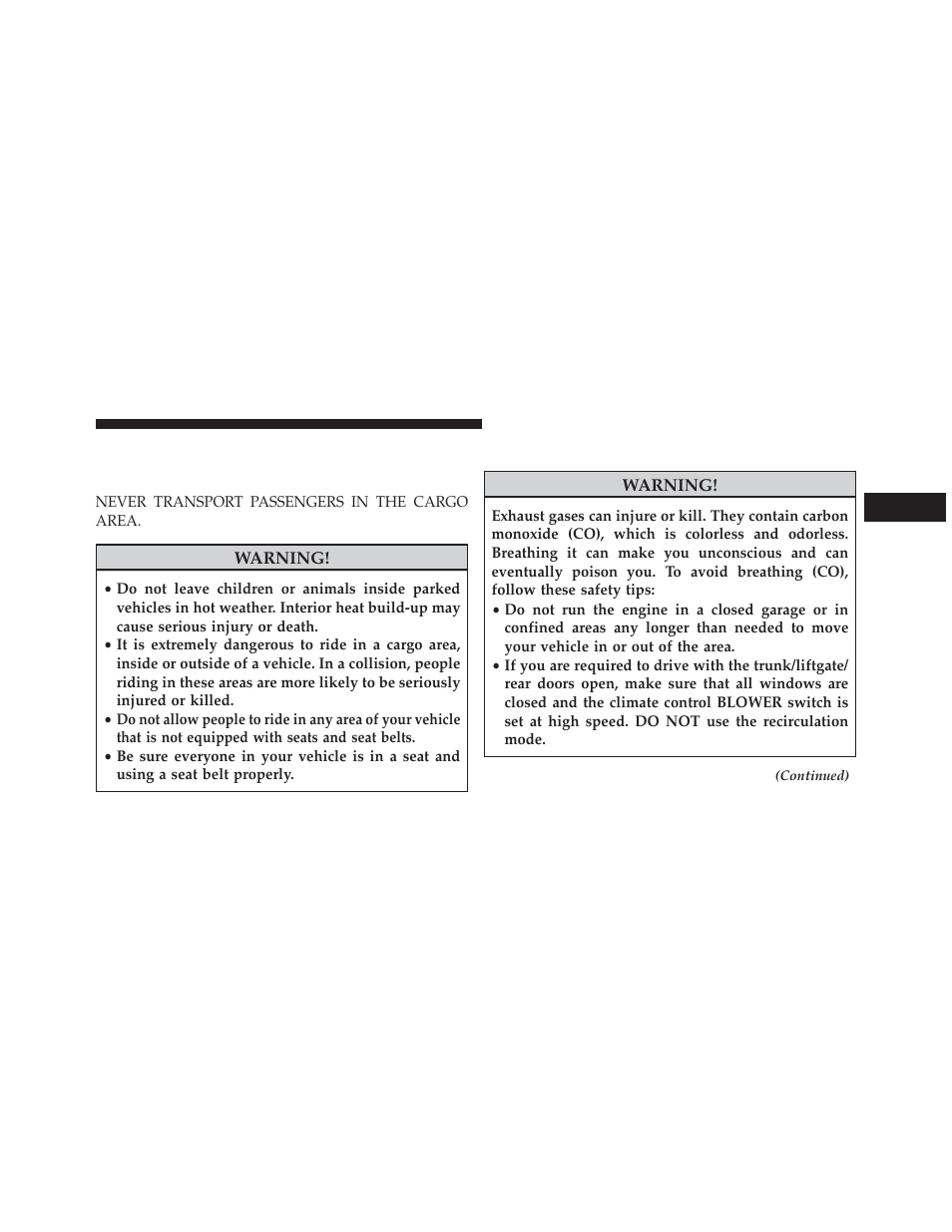 Safety tips, Transporting passengers, Exhaust gas | Ram Trucks 2014 Chassis Cab Commercial - Owner Manual User Manual | Page 111 / 537