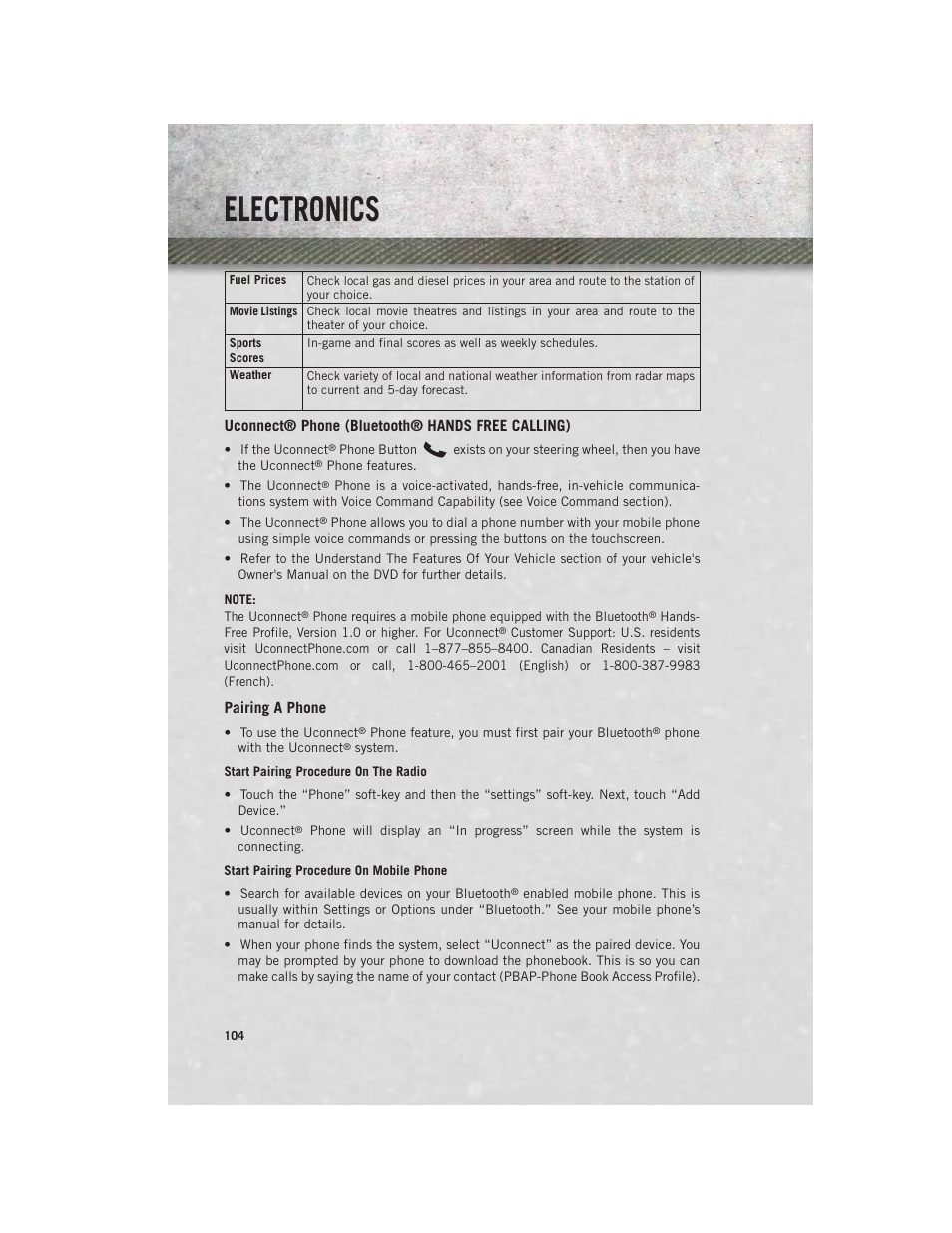 Uconnect® phone (bluetooth® hands free calling), Pairing a phone, Electronics | Ram Trucks 2014 Chassis Cab Commercial - User Guide User Manual | Page 106 / 204