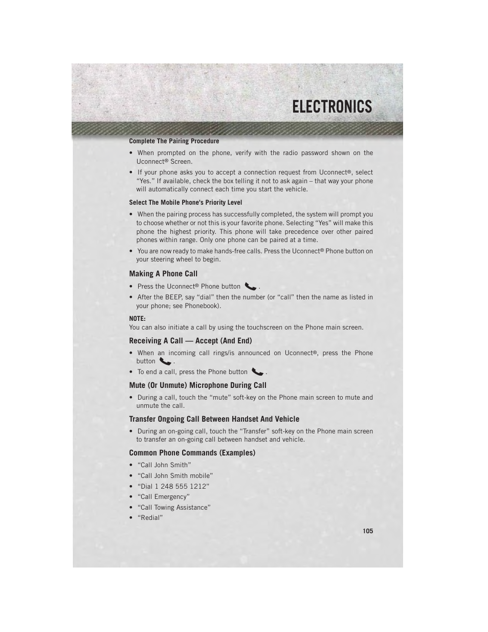 Making a phone call, Receiving a call — accept (and end), Mute (or unmute) microphone during call | Transfer ongoing call between handset and vehicle, Common phone commands (examples), Electronics | Ram Trucks 2014 Chassis Cab Commercial - User Guide User Manual | Page 107 / 204