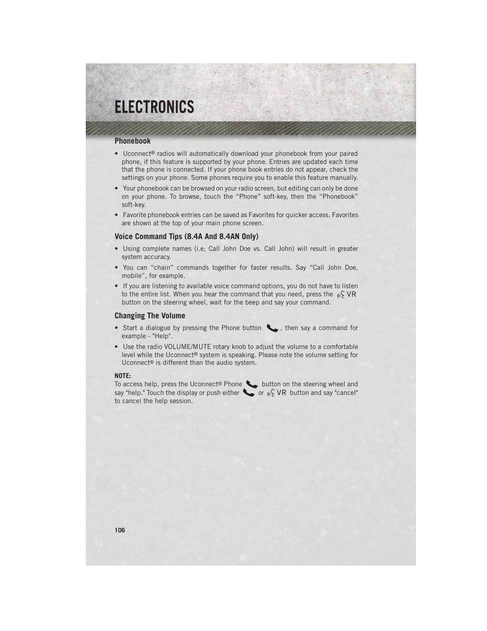 Phonebook, Voice command tips (8.4a and 8.4an only), Changing the volume | Electronics | Ram Trucks 2014 Chassis Cab Commercial - User Guide User Manual | Page 108 / 204