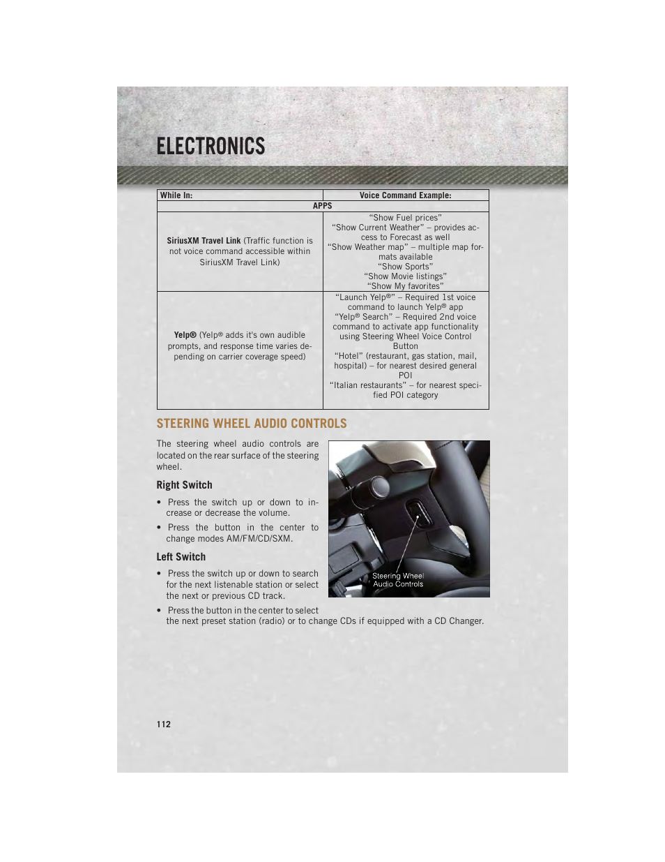 Steering wheel audio controls, Right switch, Left switch | Steering wheel audio, Controls, Electronics | Ram Trucks 2014 Chassis Cab Commercial - User Guide User Manual | Page 114 / 204