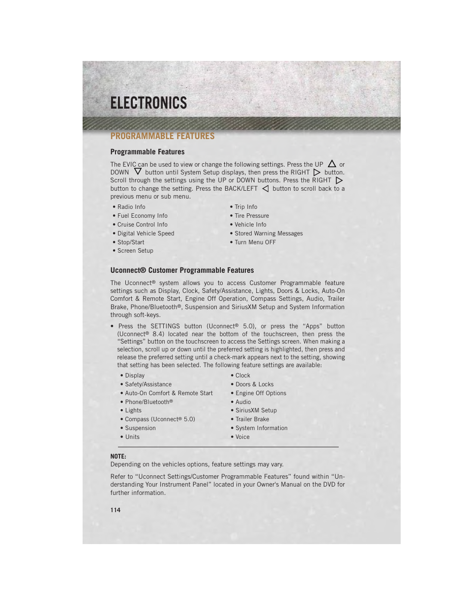 Programmable features, Uconnect® customer programmable features, Electronics | Ram Trucks 2014 Chassis Cab Commercial - User Guide User Manual | Page 116 / 204