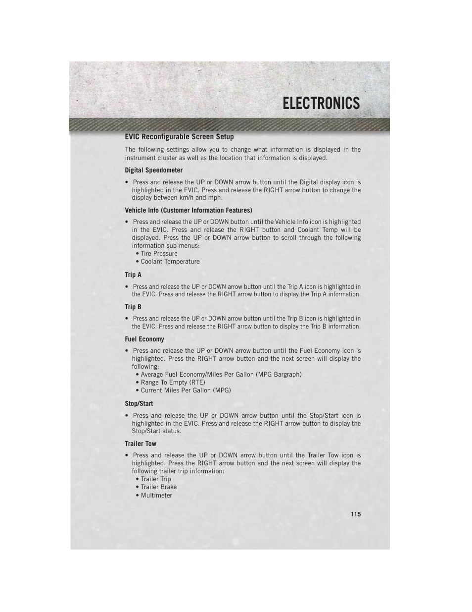 Evic reconfigurable screen setup, Electronics | Ram Trucks 2014 Chassis Cab Commercial - User Guide User Manual | Page 117 / 204