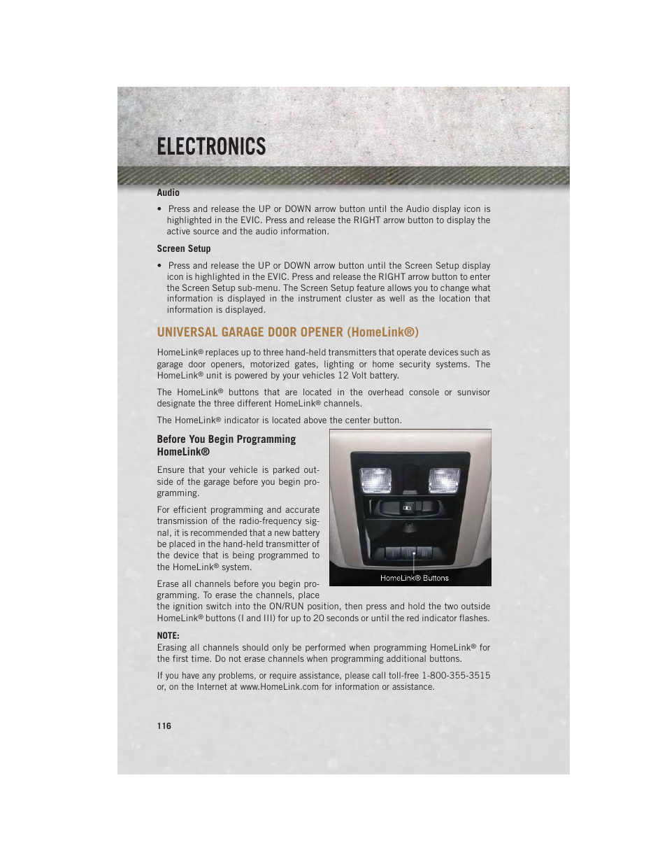 Universal garage door opener (homelink®), Before you begin programming homelink, Universal garage door opener | Homelink, Electronics | Ram Trucks 2014 Chassis Cab Commercial - User Guide User Manual | Page 118 / 204