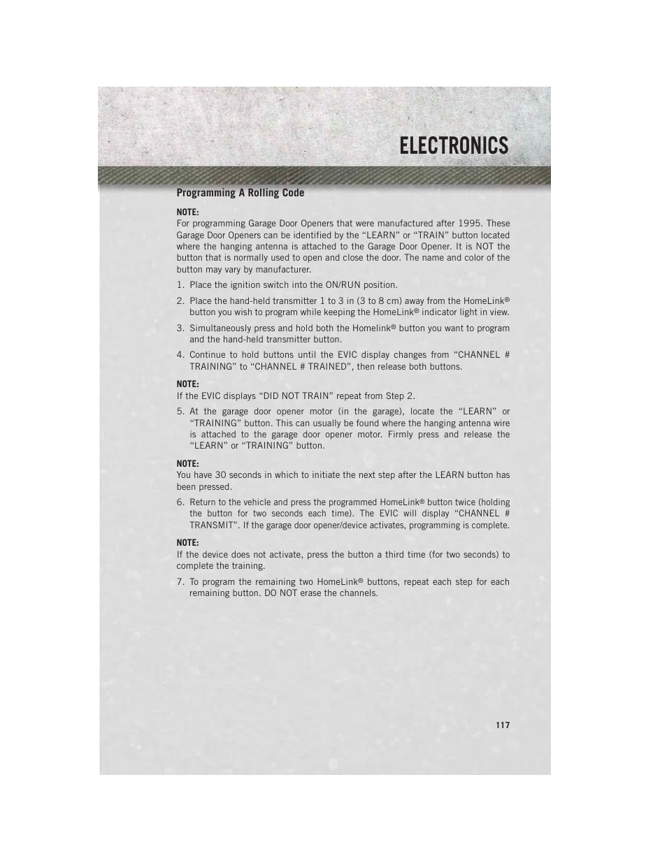 Programming a rolling code, Electronics | Ram Trucks 2014 Chassis Cab Commercial - User Guide User Manual | Page 119 / 204