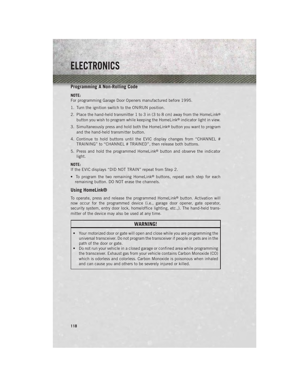 Programming a non-rolling code, Using homelink, Electronics | Warning | Ram Trucks 2014 Chassis Cab Commercial - User Guide User Manual | Page 120 / 204