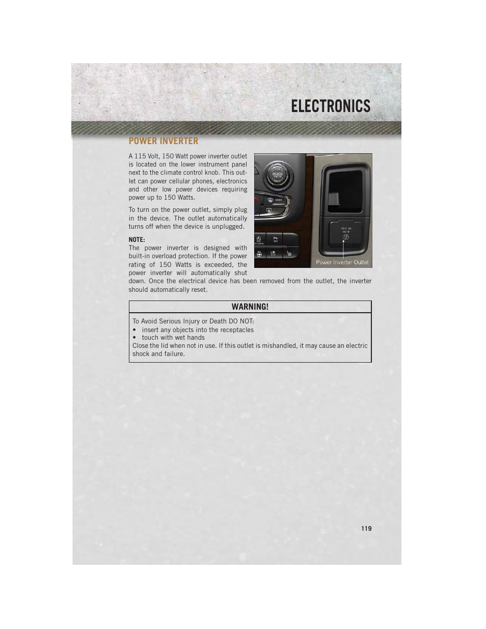 Power inverter, Electronics | Ram Trucks 2014 Chassis Cab Commercial - User Guide User Manual | Page 121 / 204