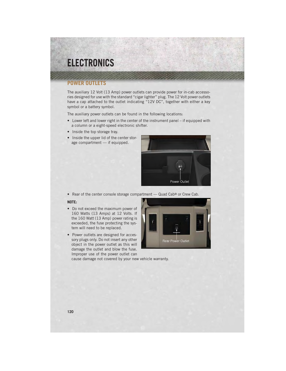 Power outlets, Electronics | Ram Trucks 2014 Chassis Cab Commercial - User Guide User Manual | Page 122 / 204