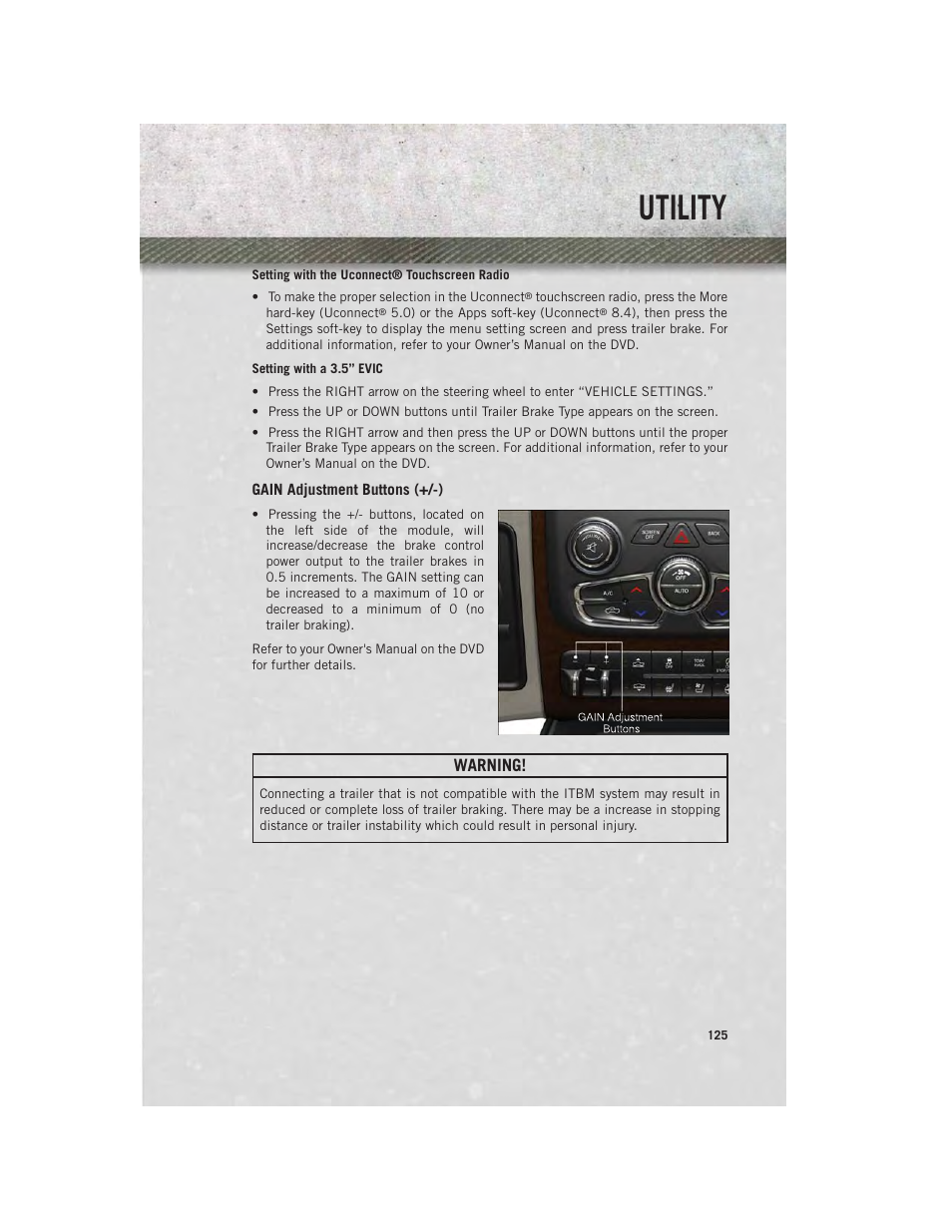 Gain adjustment buttons (+/-), Utility | Ram Trucks 2014 Chassis Cab Commercial - User Guide User Manual | Page 127 / 204