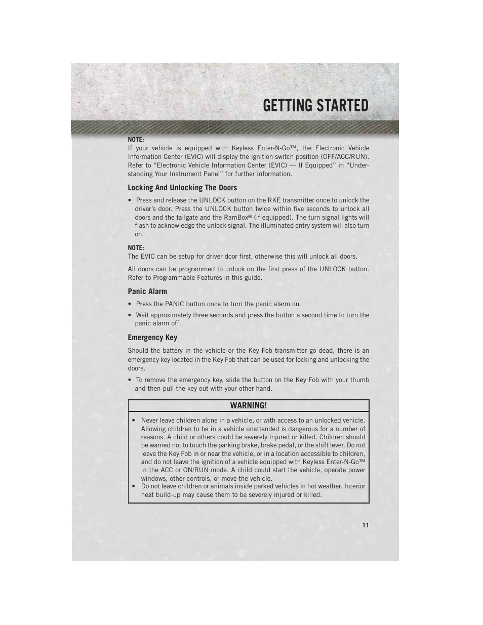 Locking and unlocking the doors, Panic alarm, Emergency key | Getting started | Ram Trucks 2014 Chassis Cab Commercial - User Guide User Manual | Page 13 / 204
