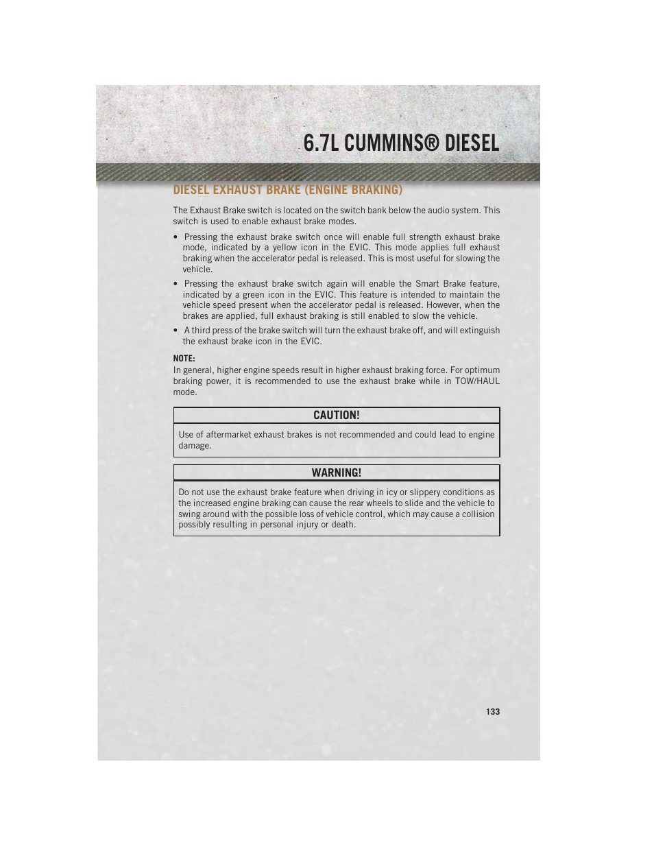Diesel exhaust brake (engine braking), Diesel exhaust brake, Engine braking) | 7l cummins® diesel | Ram Trucks 2014 Chassis Cab Commercial - User Guide User Manual | Page 135 / 204