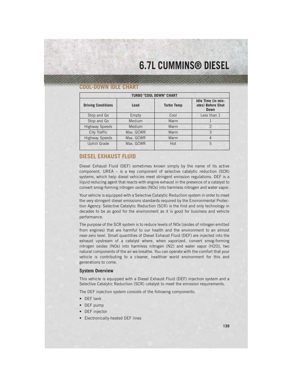 Cool-down idle chart, Diesel exhaust fluid, System overview | 7l cummins® diesel | Ram Trucks 2014 Chassis Cab Commercial - User Guide User Manual | Page 141 / 204