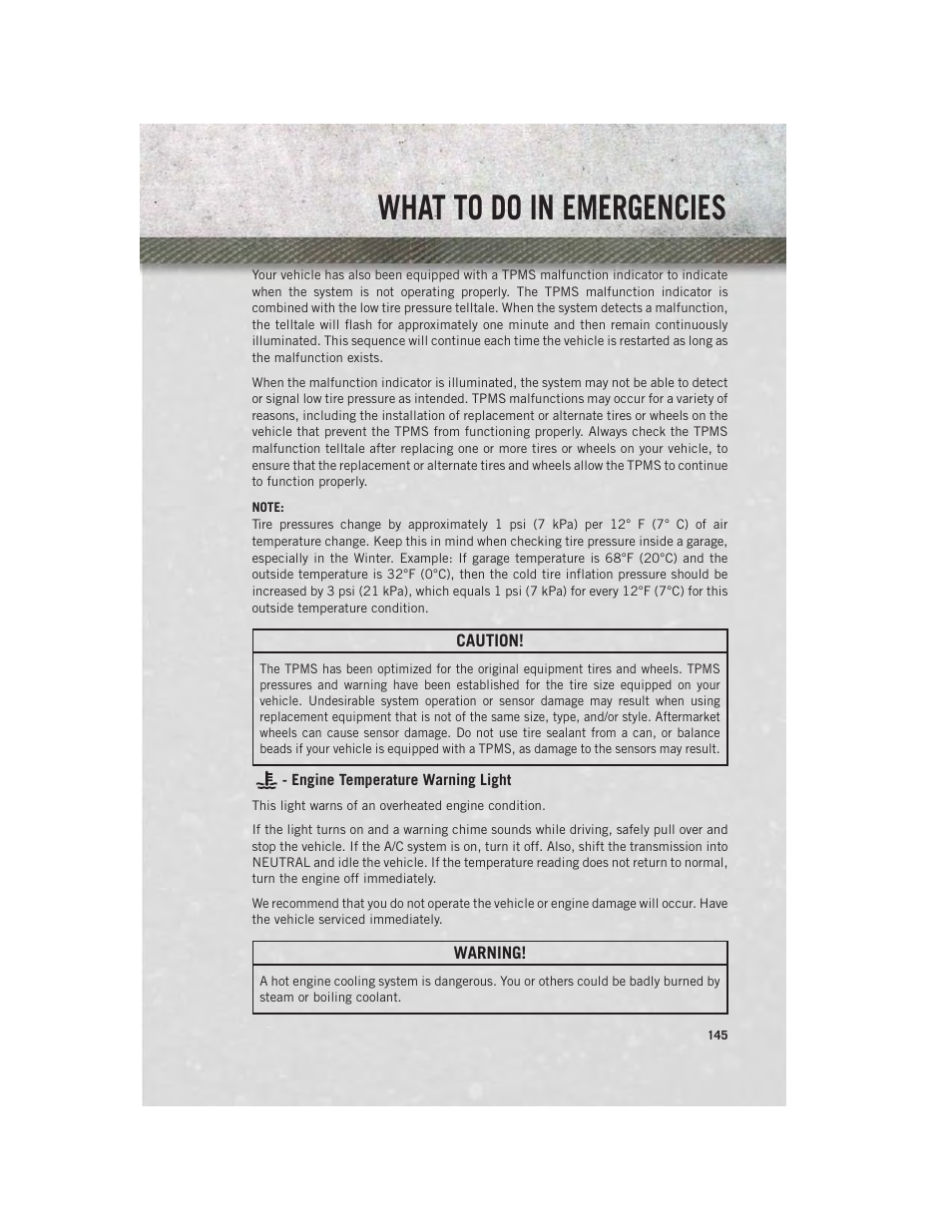 Engine temperature warning light, What to do in emergencies | Ram Trucks 2014 Chassis Cab Commercial - User Guide User Manual | Page 147 / 204