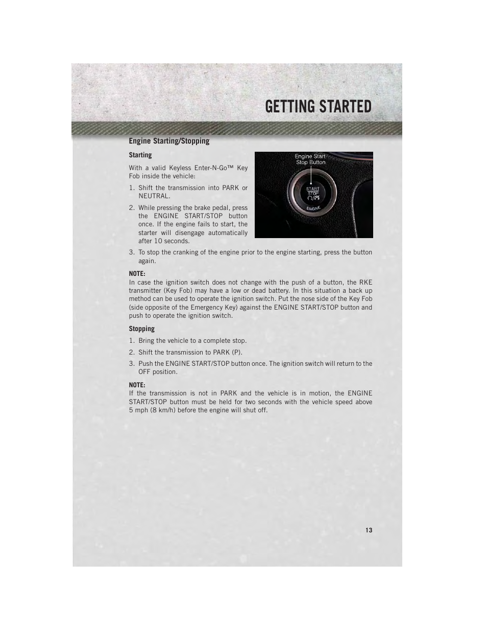 Engine starting/stopping, Getting started | Ram Trucks 2014 Chassis Cab Commercial - User Guide User Manual | Page 15 / 204