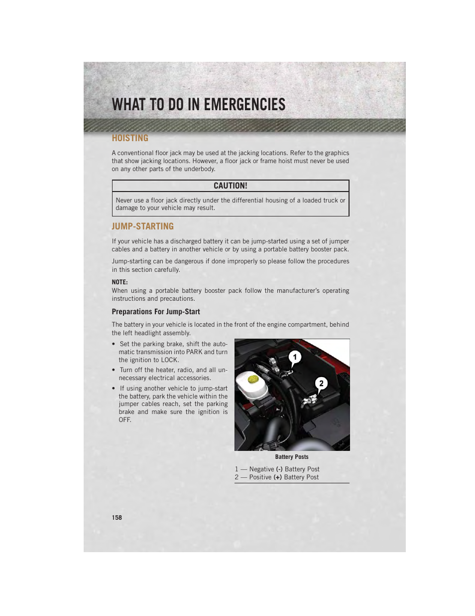 Hoisting, Jump-starting, Preparations for jump-start | What to do in emergencies | Ram Trucks 2014 Chassis Cab Commercial - User Guide User Manual | Page 160 / 204