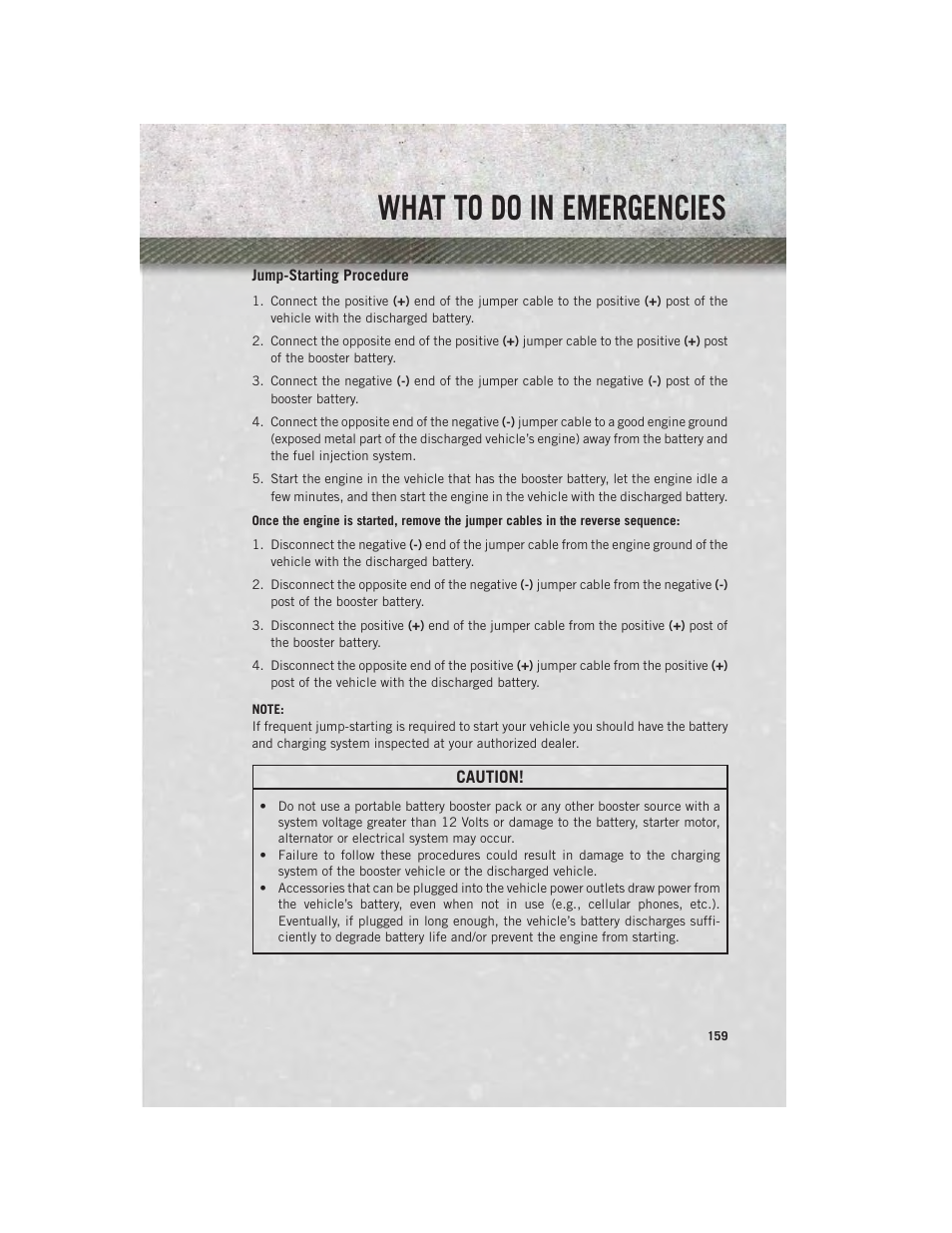 Jump-starting procedure, What to do in emergencies | Ram Trucks 2014 Chassis Cab Commercial - User Guide User Manual | Page 161 / 204