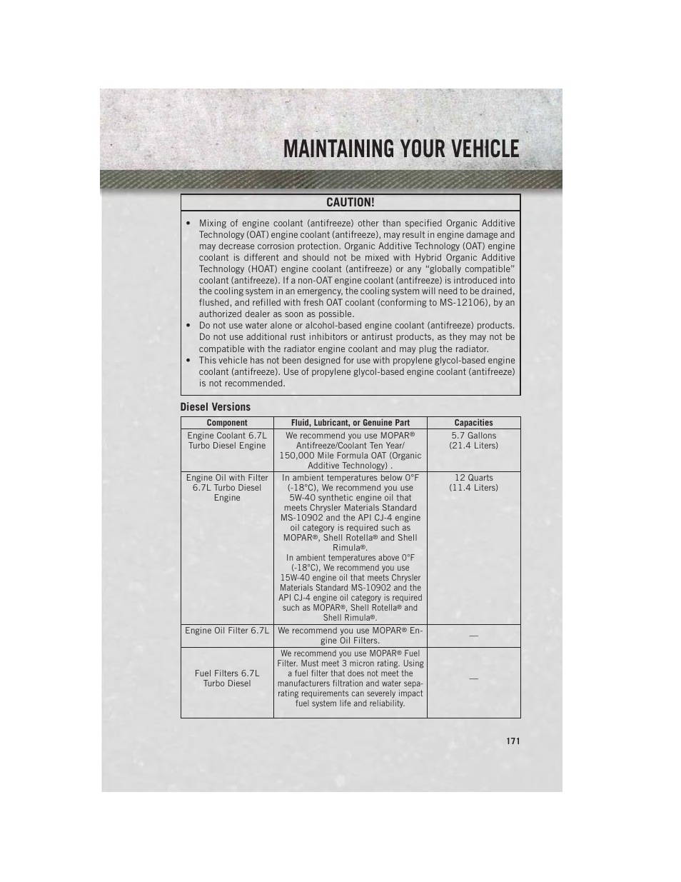 Diesel versions, Maintaining your vehicle, Caution | Ram Trucks 2014 Chassis Cab Commercial - User Guide User Manual | Page 173 / 204