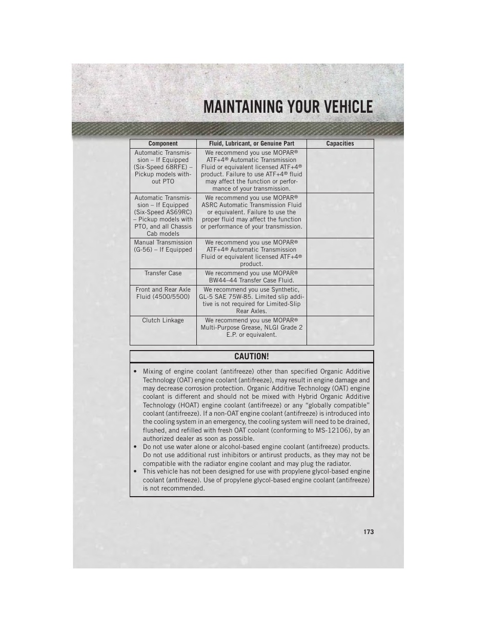 Maintaining your vehicle, Caution | Ram Trucks 2014 Chassis Cab Commercial - User Guide User Manual | Page 175 / 204