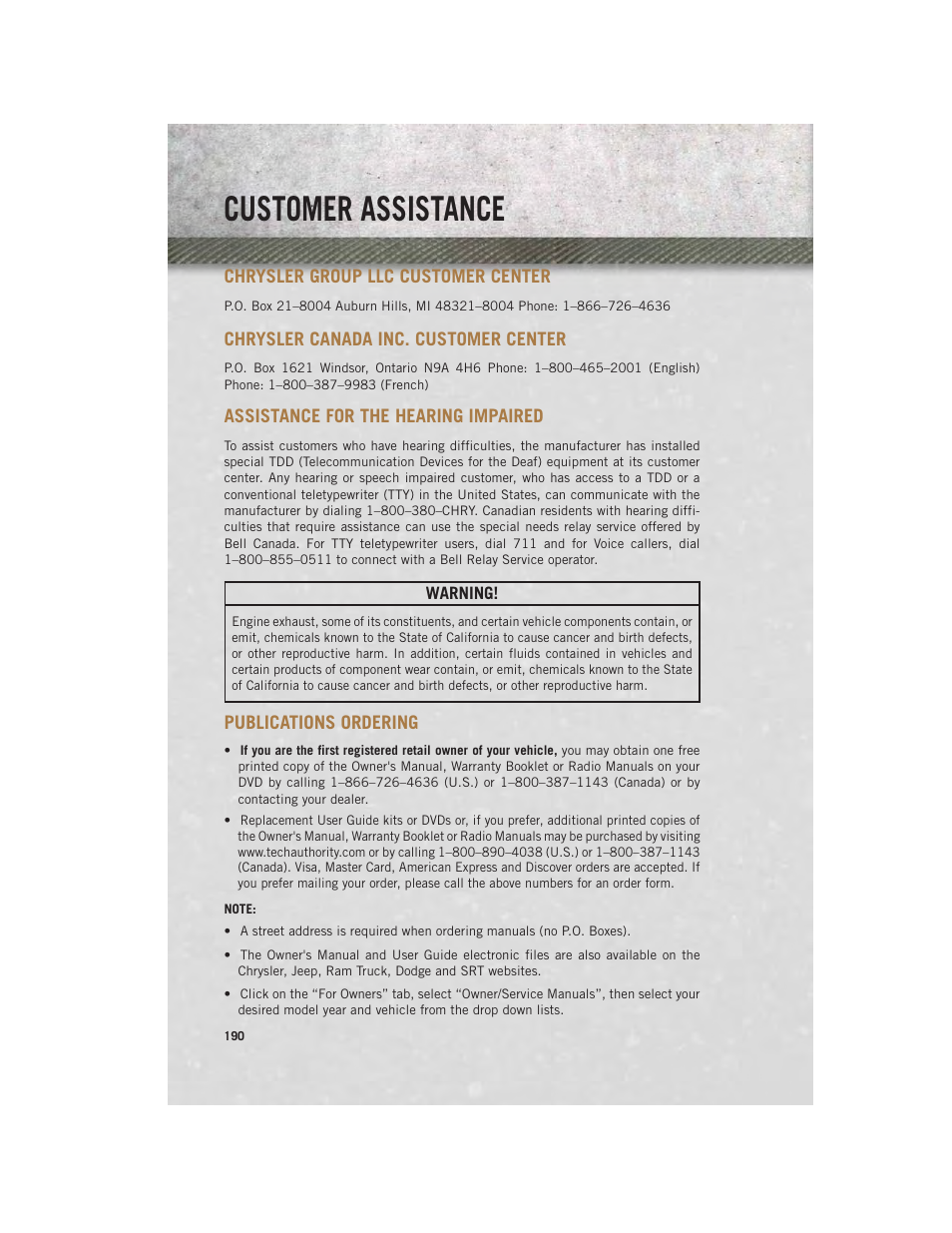 Customer assistance, Chrysler group llc customer center, Chrysler canada inc. customer center | Assistance for the hearing impaired, Publications ordering, Chrysler group llc customer, Center, Chrysler canada inc. customer, Assistance for the hearing, Impaired | Ram Trucks 2014 Chassis Cab Commercial - User Guide User Manual | Page 192 / 204