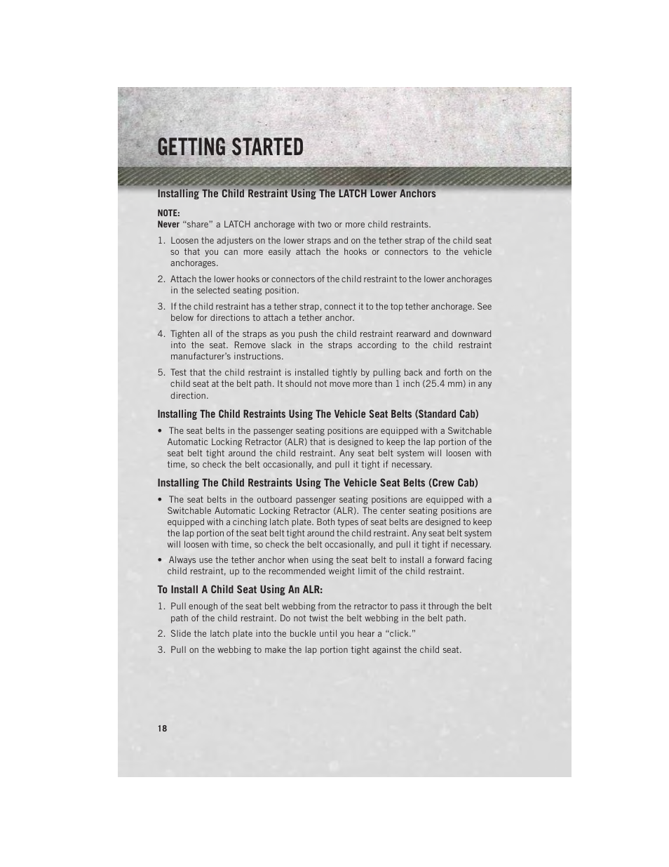 To install a child seat using an alr, Getting started | Ram Trucks 2014 Chassis Cab Commercial - User Guide User Manual | Page 20 / 204