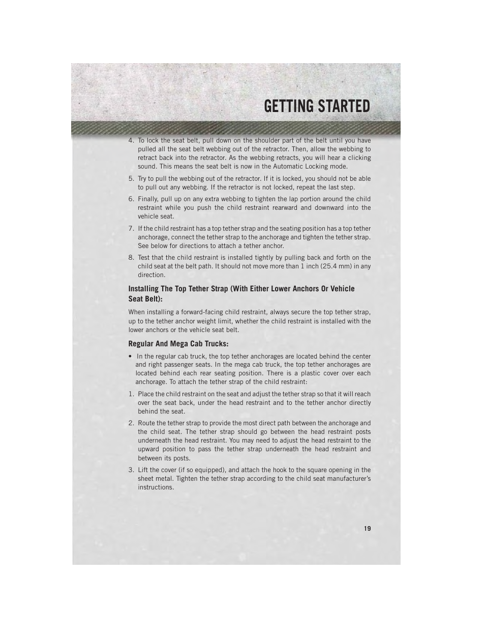 Regular and mega cab trucks, Getting started | Ram Trucks 2014 Chassis Cab Commercial - User Guide User Manual | Page 21 / 204