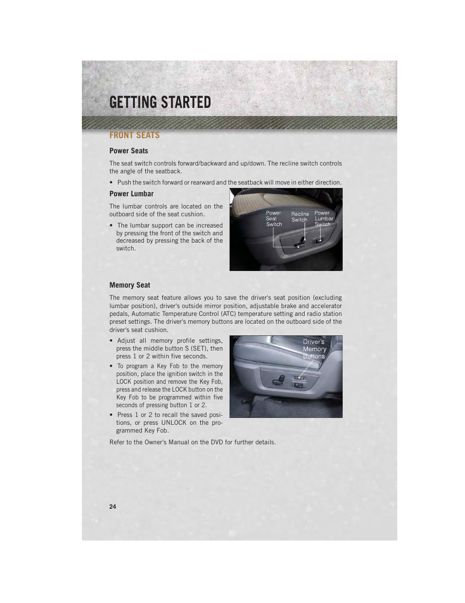 Front seats, Power seats, Power lumbar | Memory seat, Getting started | Ram Trucks 2014 Chassis Cab Commercial - User Guide User Manual | Page 26 / 204