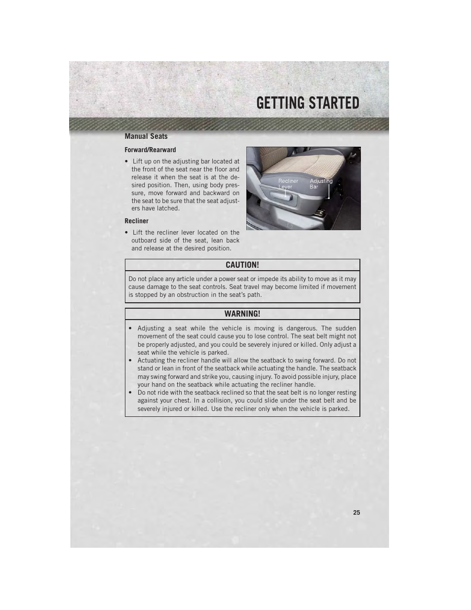 Manual seats, Getting started | Ram Trucks 2014 Chassis Cab Commercial - User Guide User Manual | Page 27 / 204
