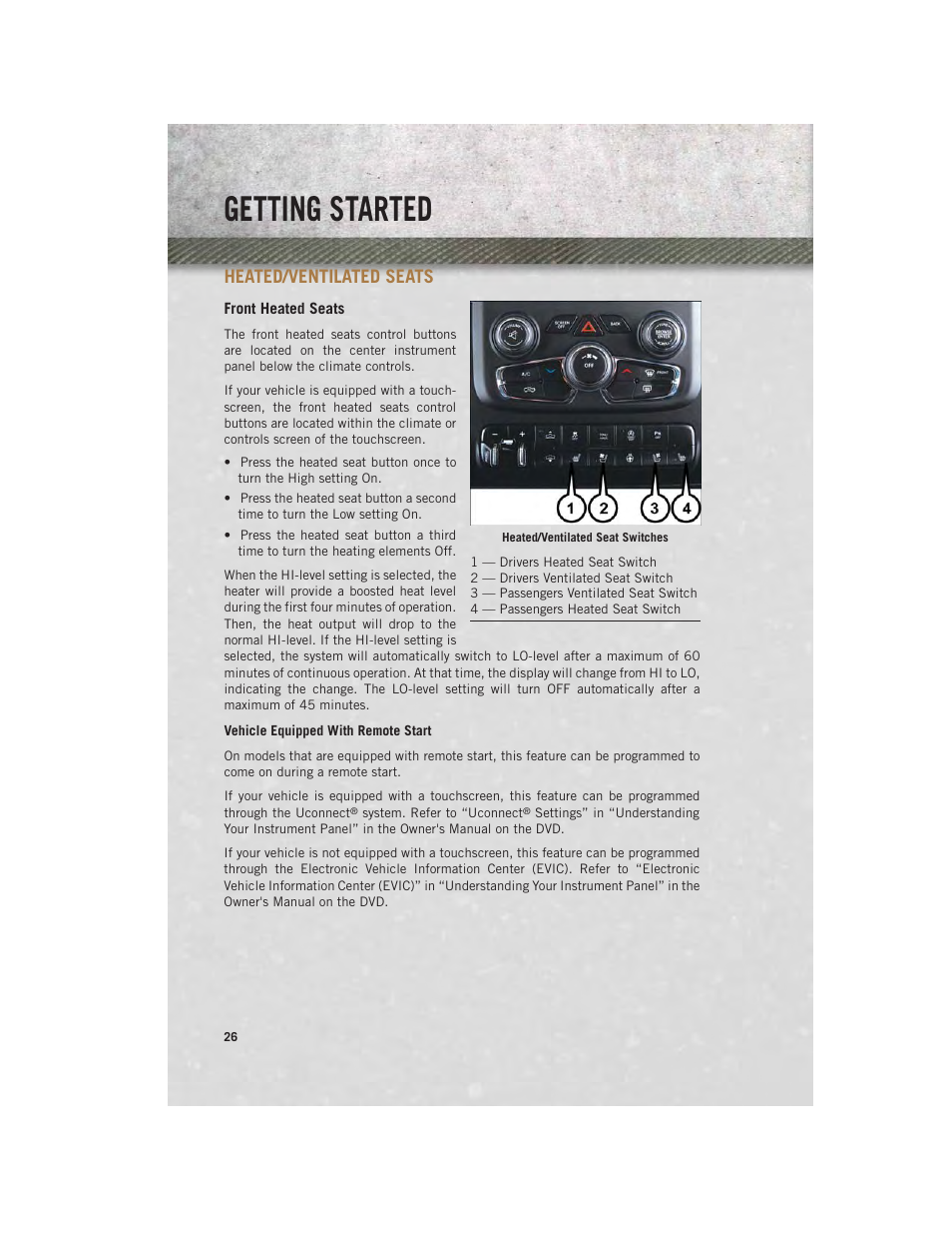 Heated/ventilated seats, Front heated seats, Getting started | Ram Trucks 2014 Chassis Cab Commercial - User Guide User Manual | Page 28 / 204