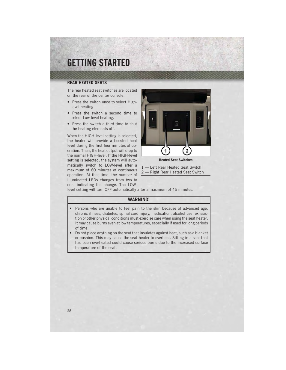 Rear heated seats, Getting started | Ram Trucks 2014 Chassis Cab Commercial - User Guide User Manual | Page 30 / 204