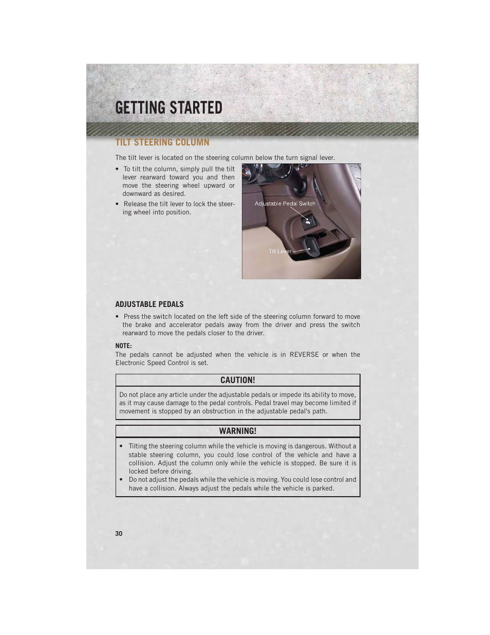 Tilt steering column, Adjustable pedals, Getting started | Ram Trucks 2014 Chassis Cab Commercial - User Guide User Manual | Page 32 / 204