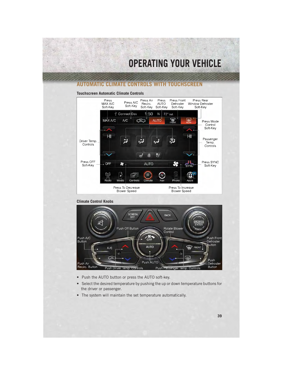 Automatic climate controls with touchscreen, Automatic climate controls with, Touchscreen | Operating your vehicle | Ram Trucks 2014 Chassis Cab Commercial - User Guide User Manual | Page 41 / 204