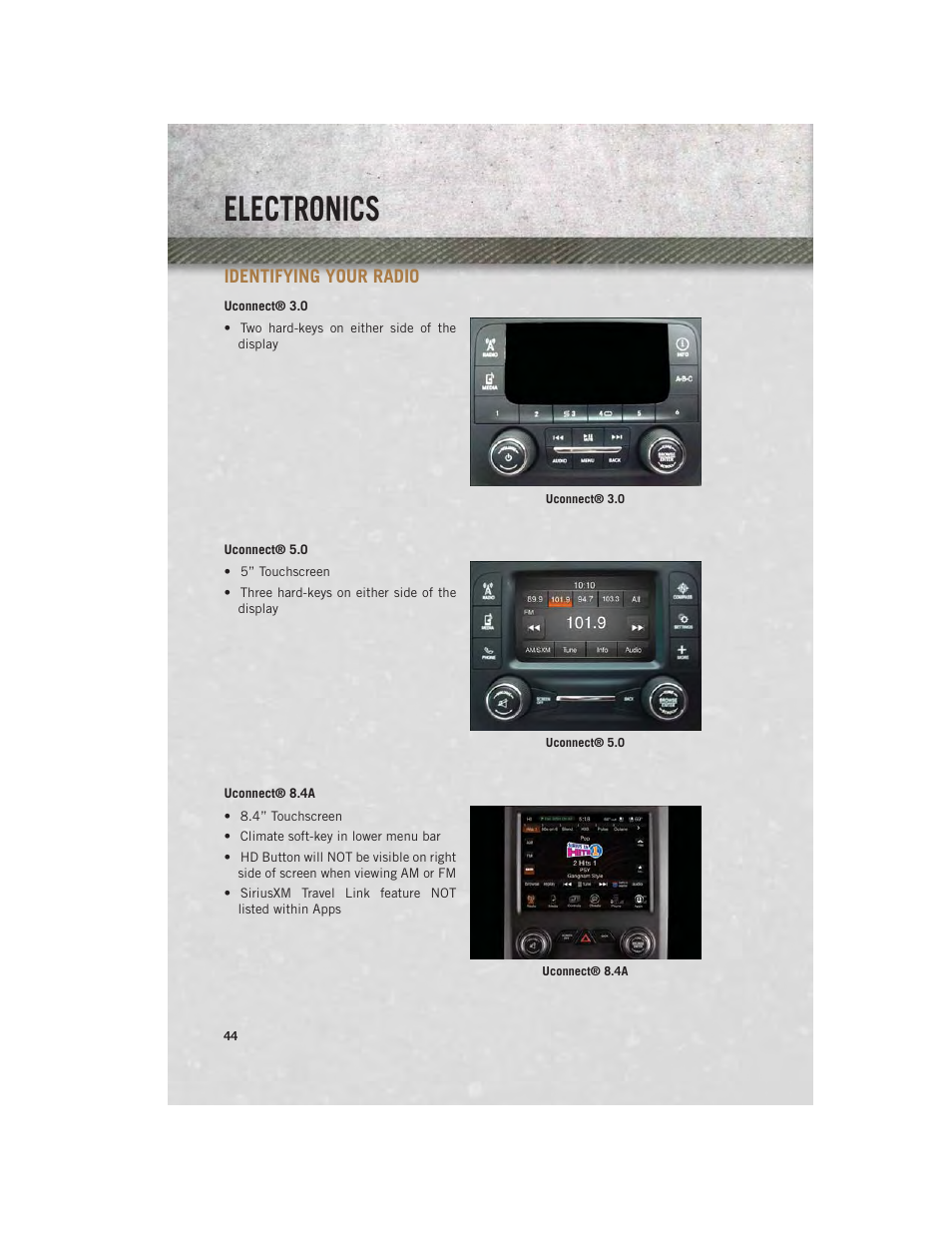 Identifying your radio, Electronics | Ram Trucks 2014 Chassis Cab Commercial - User Guide User Manual | Page 46 / 204