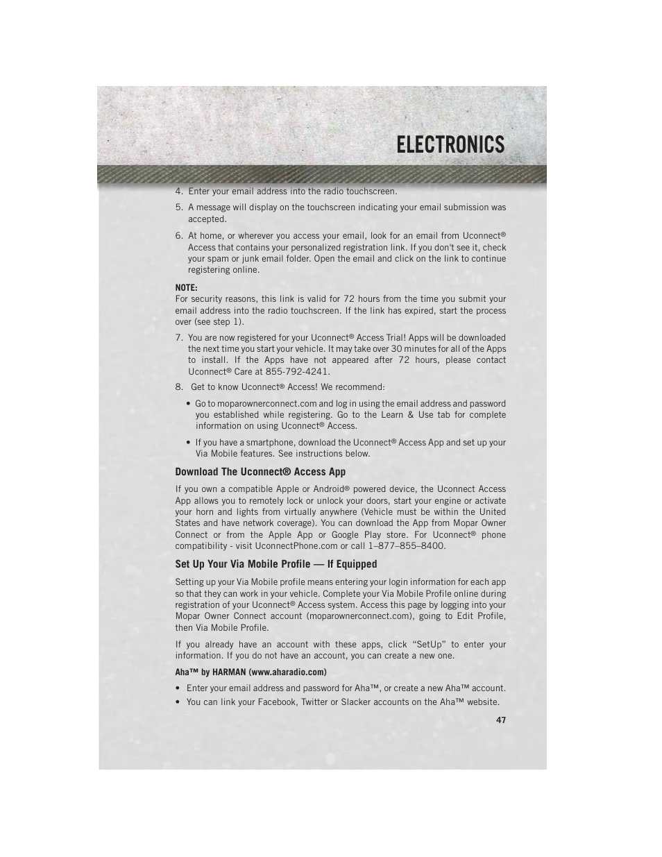 Download the uconnect® access app, Set up your via mobile profile — if equipped, Electronics | Ram Trucks 2014 Chassis Cab Commercial - User Guide User Manual | Page 49 / 204