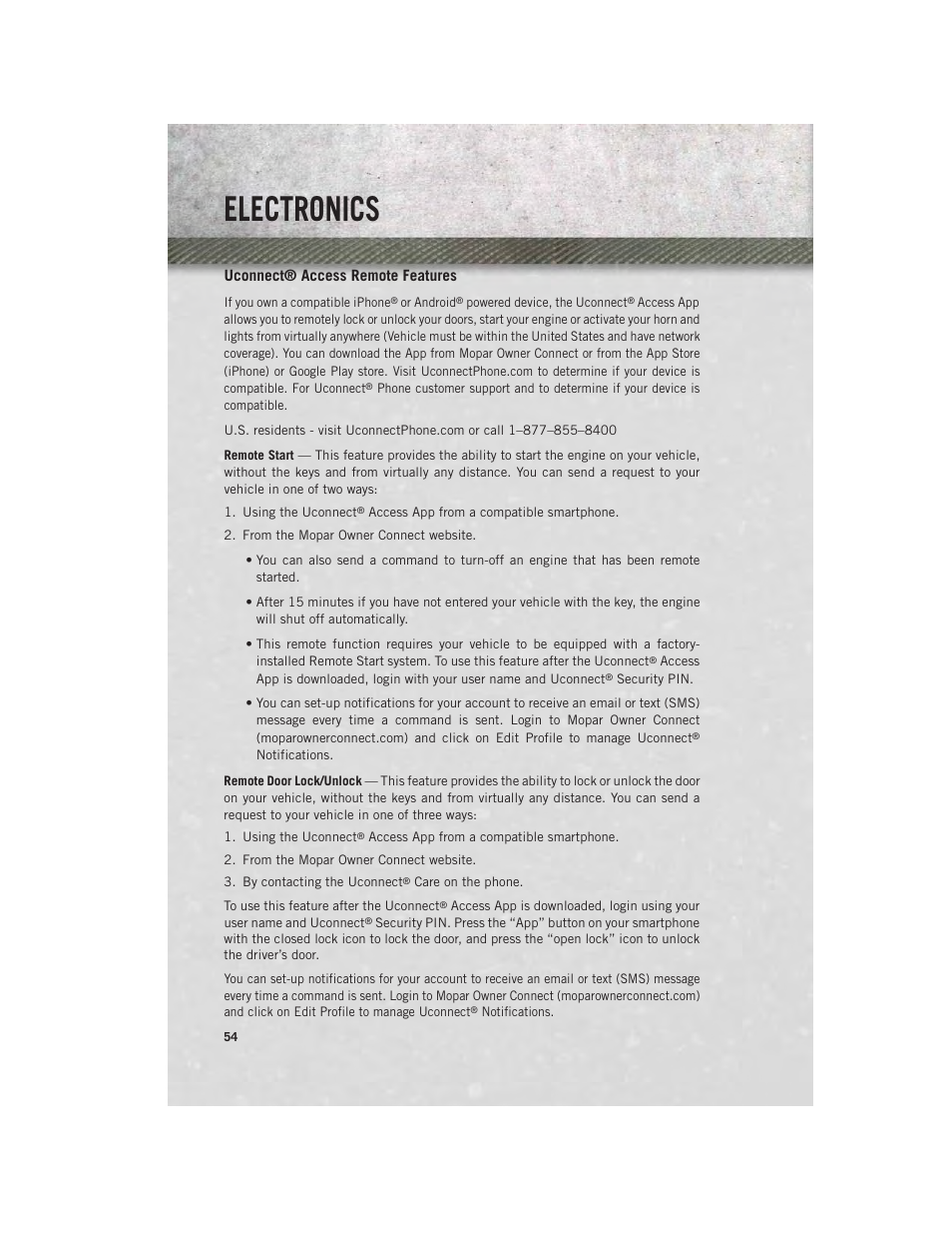 Uconnect® access remote features, Electronics | Ram Trucks 2014 Chassis Cab Commercial - User Guide User Manual | Page 56 / 204